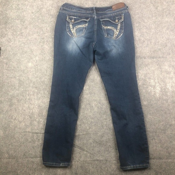 Ariya Jeans Women 13/14 Straight Leg Mid Rise Dark Blue Stretch Embroidered - Picture 8 of 10